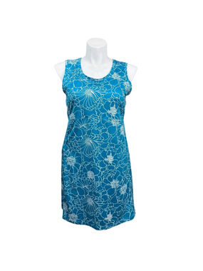 L.L.Bean Teal Blue Floral Summer Dress Sleeveless Stretch Large Golf